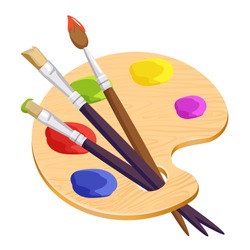 Isolated artist palette with three long different brushes inside on white. Vector illustration of cartoon wooden thing with colourful round spots of paints. Set for creating pictures and portraits