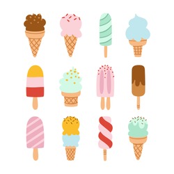 Collection of 12 vector ice cream illustrations isolated on white