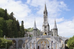 Close up of the Cathedral of Lourdes in France during the Jubilee way...150th Anniversary of the Apparitions
