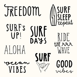 Set of surfing quotes. Hand drawn lettering. Vector illustartion