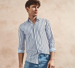Hansome man wear striped cotton shirt in black and white 