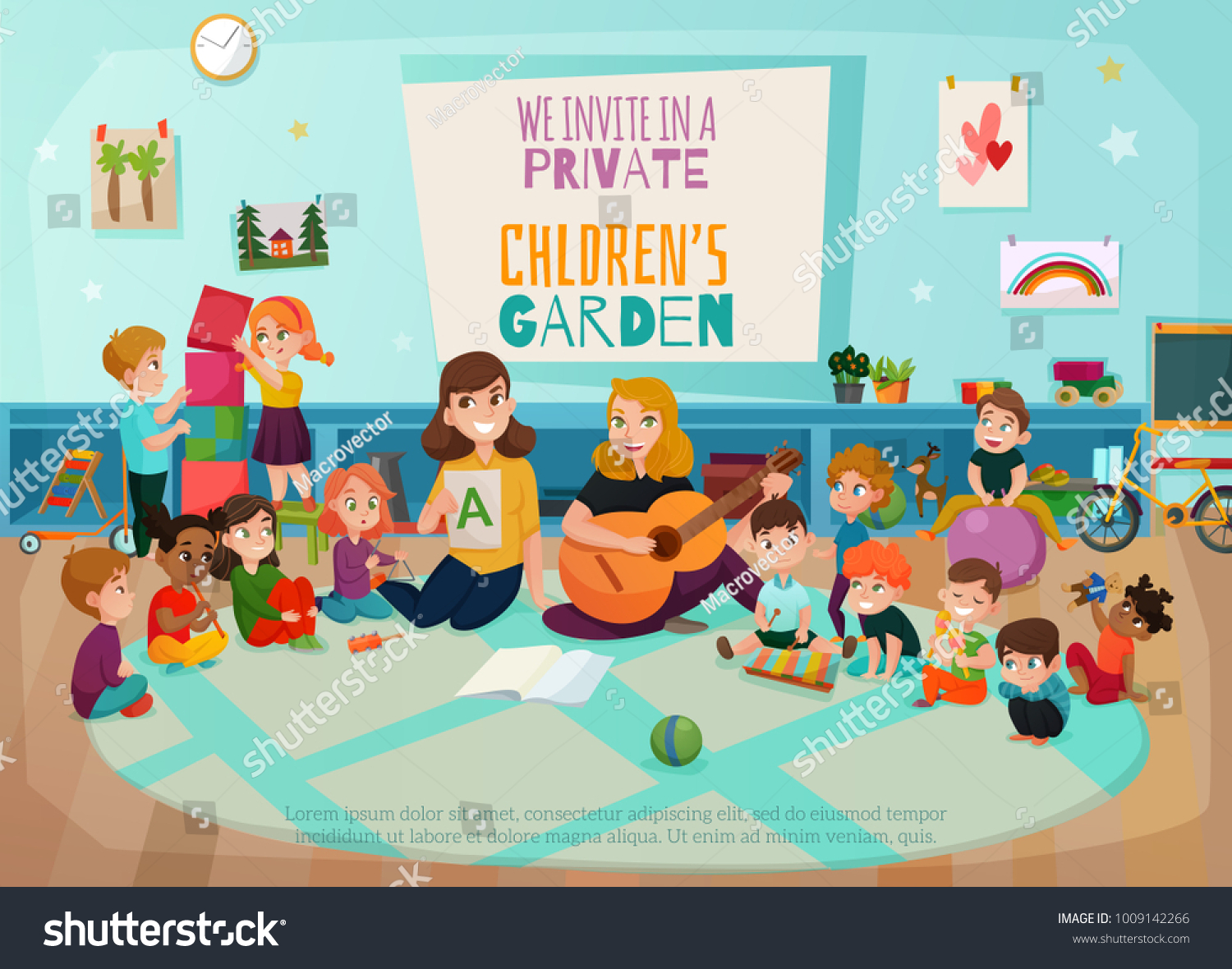 Kindergarten Poster Kids Game Room Playing Stock Vector (Royalty Free ...