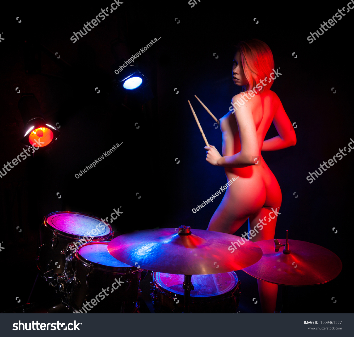 Blonde Girl Leather Jacket Drums On