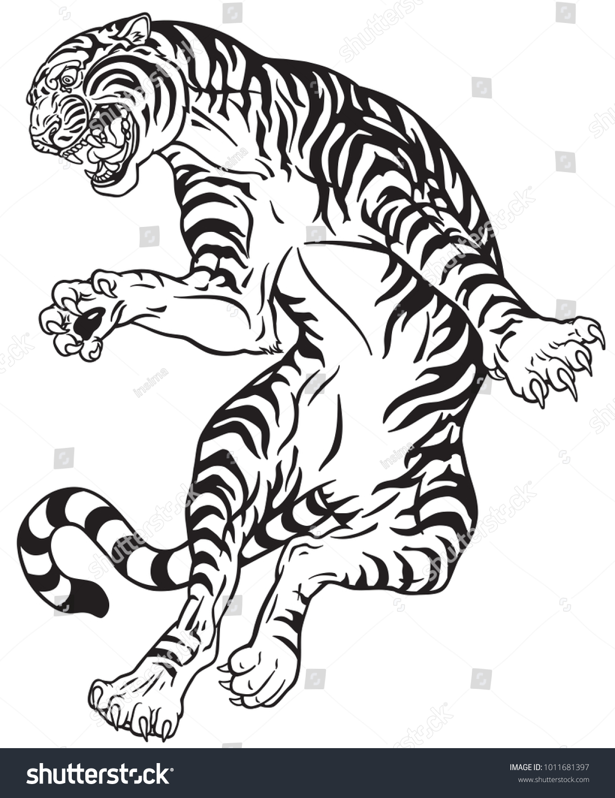 Angry Tiger Jump Black White Tattoo Stock Vector (Royalty Free ...