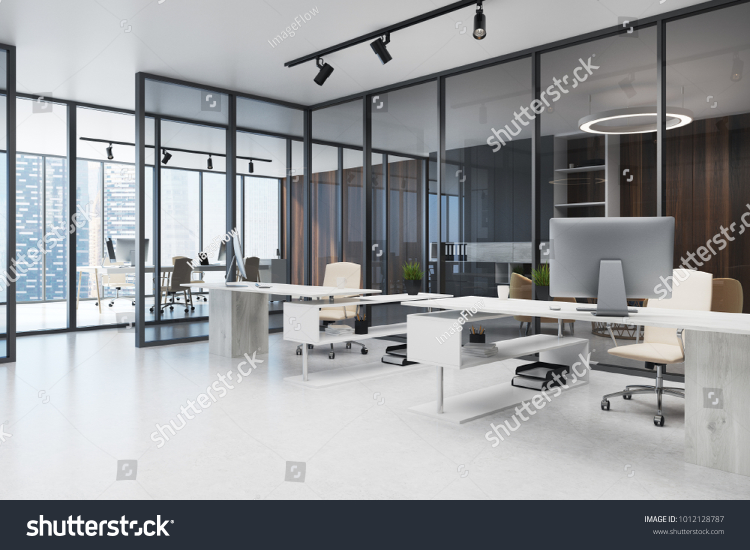 Open Space Office Interior Dark Glass Stock Illustration 1012128787 ...