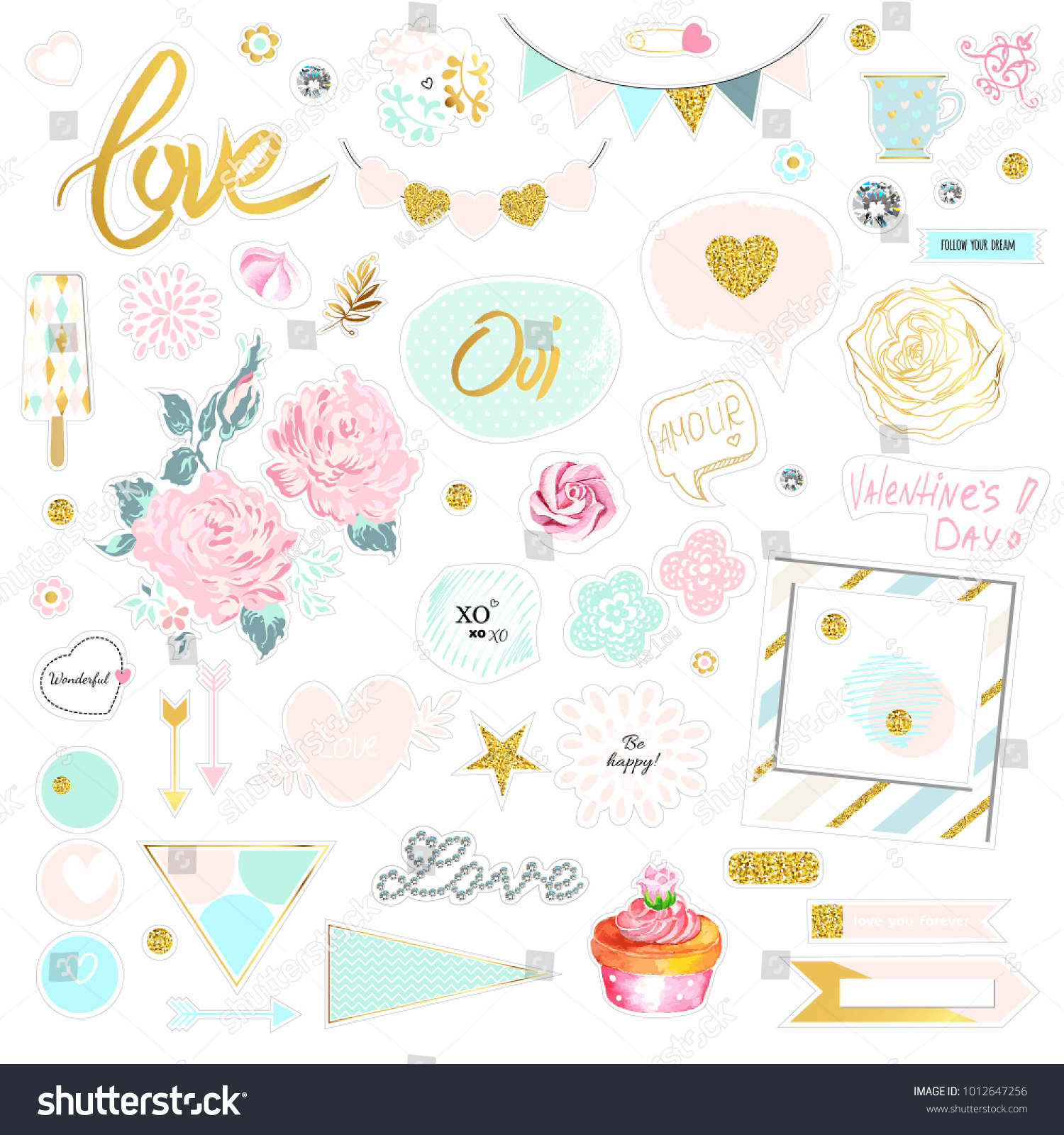 Set Cute Pink Gold Vector Illustrations Stock Vector (Royalty Free ...