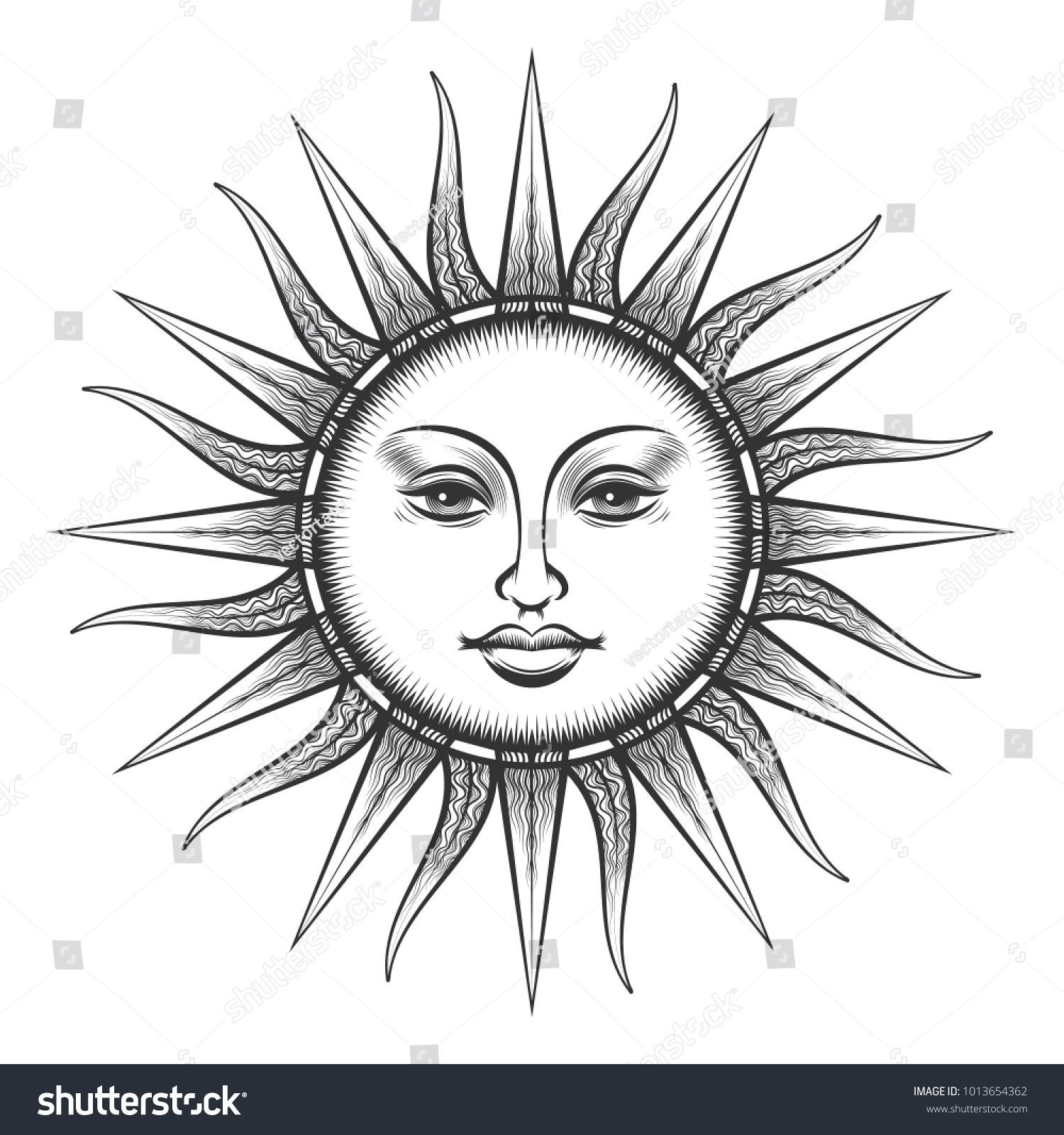 Engraved Sun Antique Sun Face Scratching Stock Vector (Royalty Free ...