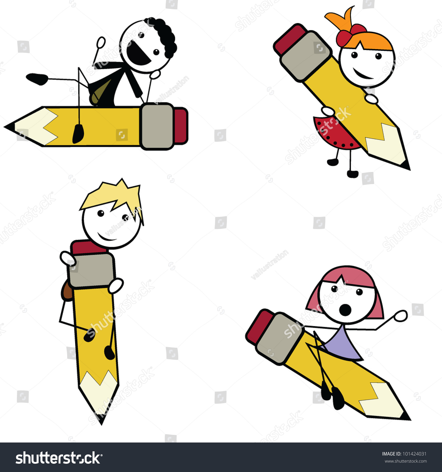 Cartoon Stick Children Carrying Pencil Write Stock Vector (Royalty Free ...