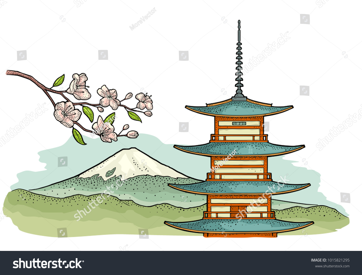 Японская гравюра пагода Сакура