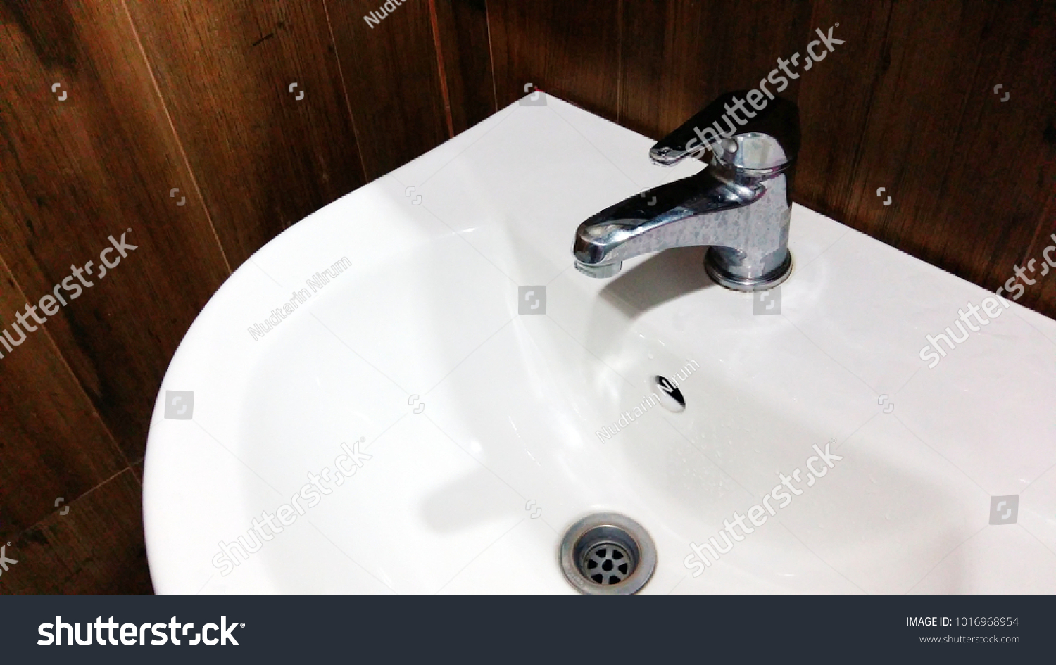 Modern White Basin Bathroom Wooden Wallpaper Stock Photo 1016968954