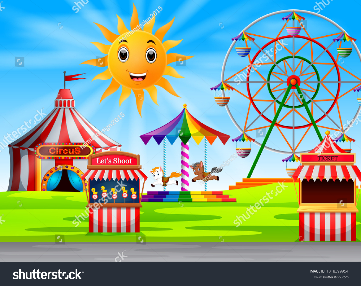 Vector Illustration Amusement Park Scene Daytime Stock Vector (Royalty ...