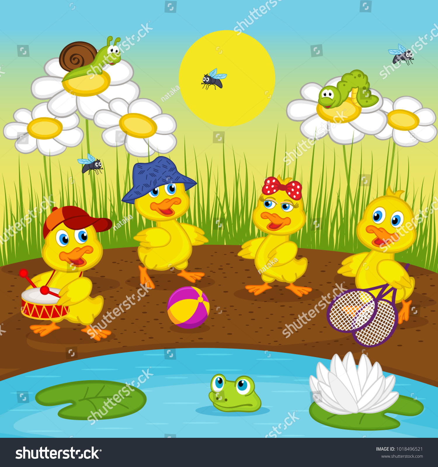 Ducklings Resting On Lake Vector Illustration Stock Vector (Royalty ...