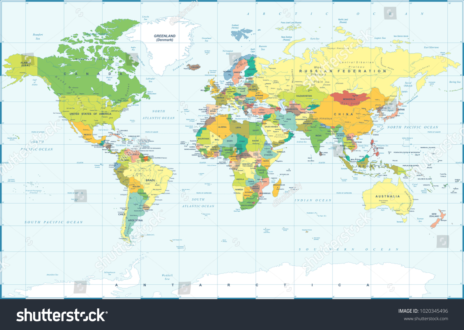 Political Physical Topographic Colored World Map Stock Vector (Royalty ...