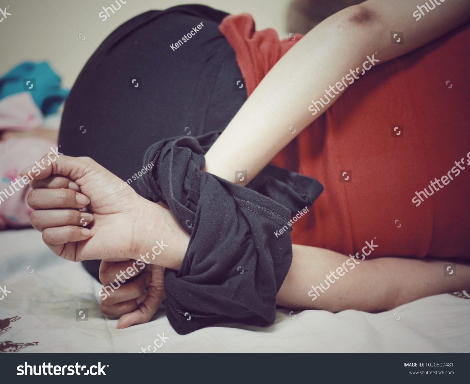 Woman Tormented Hands Tied Stock Photo