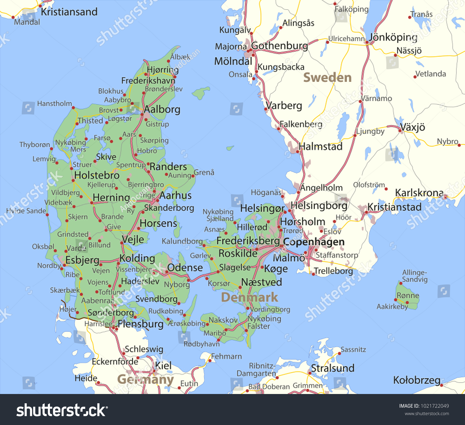 Map Of Denmark And Surrounding Countries Map Denmark Shows Country Borders Urban Stock Vector (Royalty Free)  1021722049 | Shutterstock
