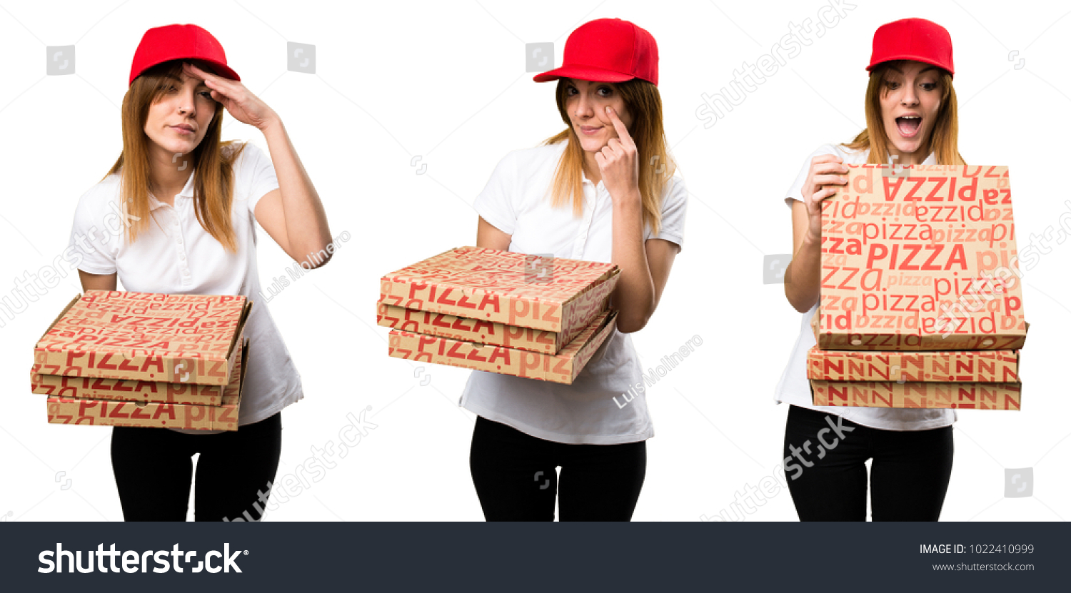 Set Pizza Delivery Woman Showing Something Stock Photo Shutterstock