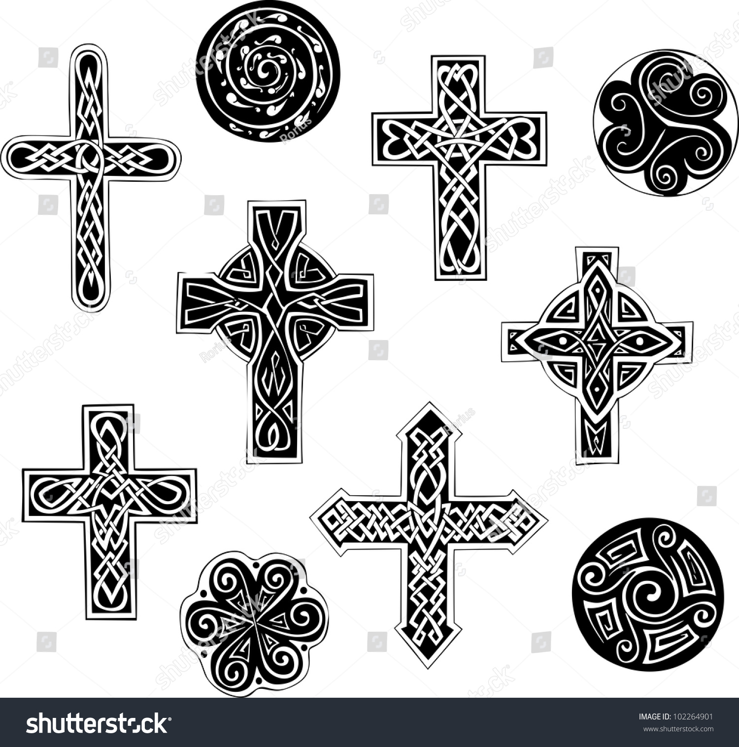 Celtic Knot Crosses Spirals Set Black Stock Vector Royalty Free   Stock Vector Celtic Knot Crosses And Spirals Set Of Black And White Vector Illustrations 102264901 