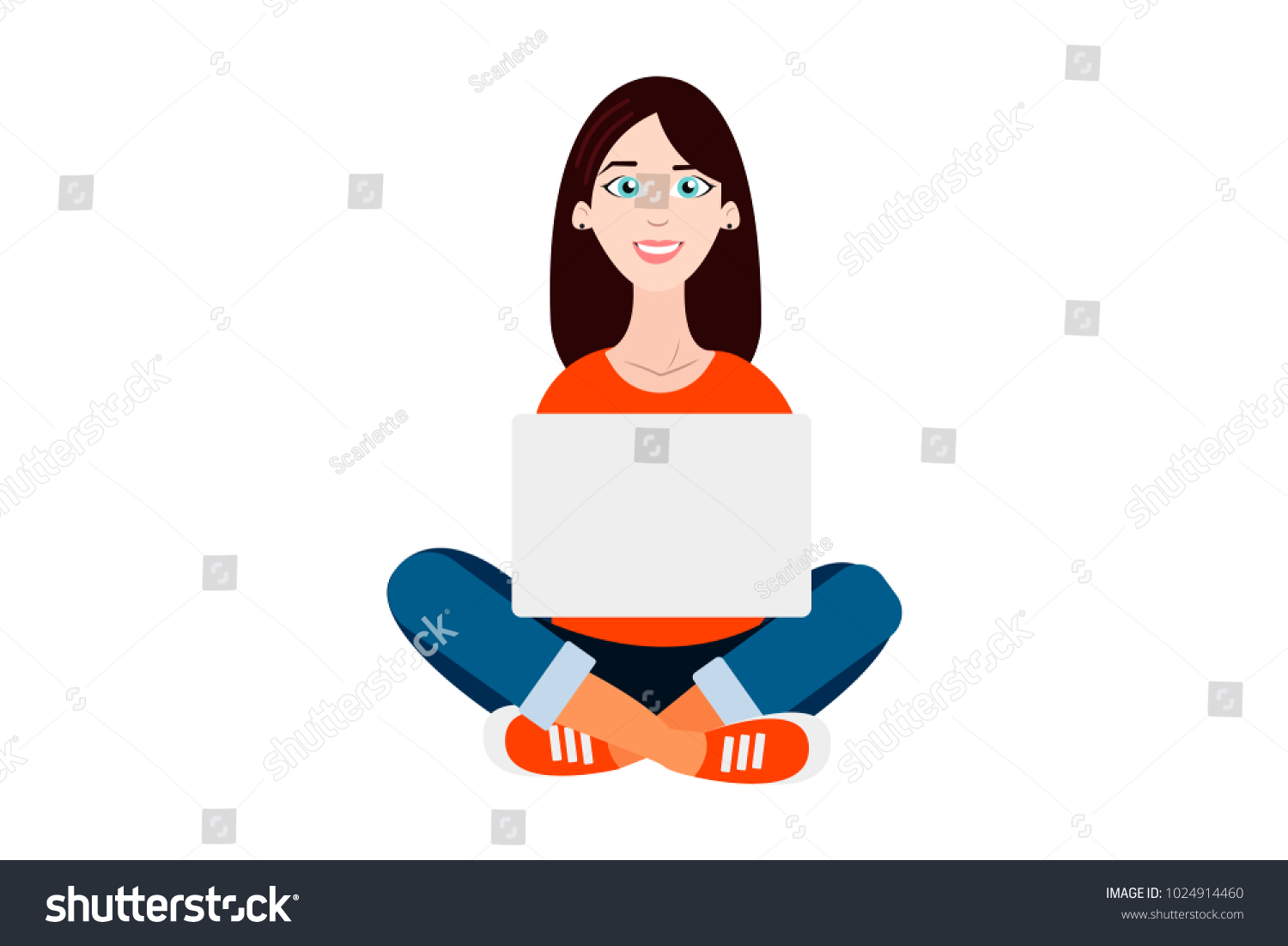 Illustration Cheerful Casual Woman Sitting Laptop Stock Vector Royalty