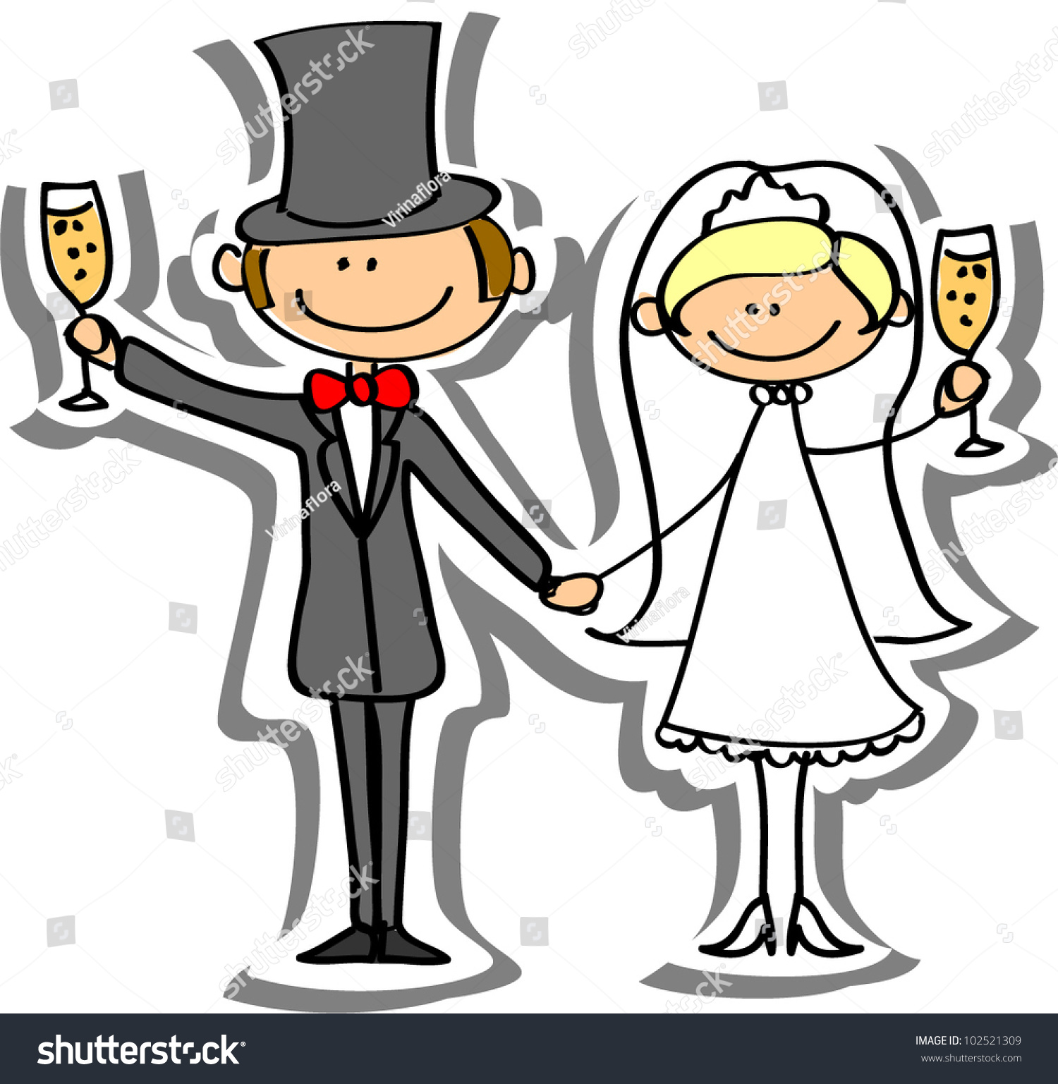 Свадебные карикатуры на жениха и невесту с бокалами