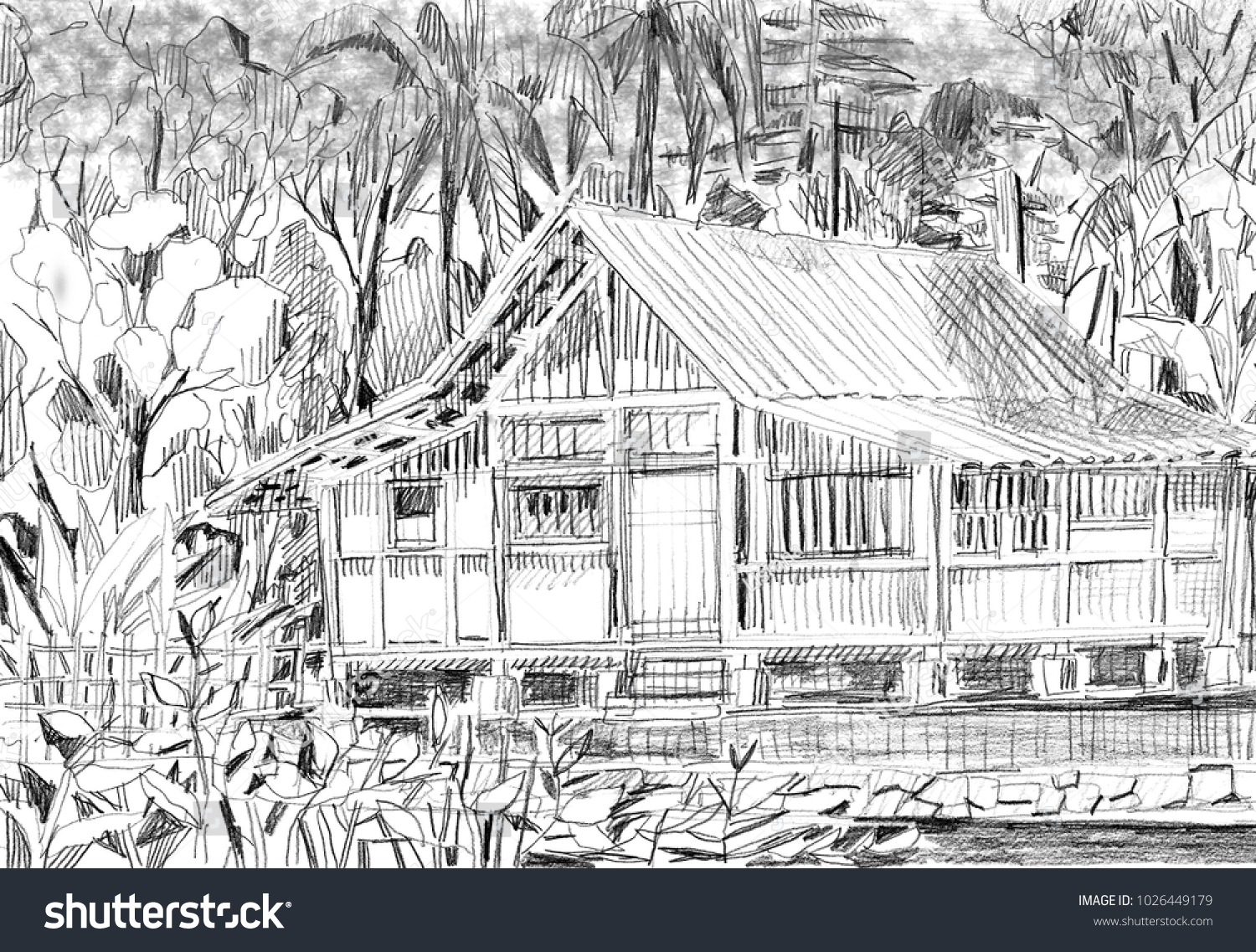 Hand Drawn Indonesian Village House Sketch Stock Illustration ...