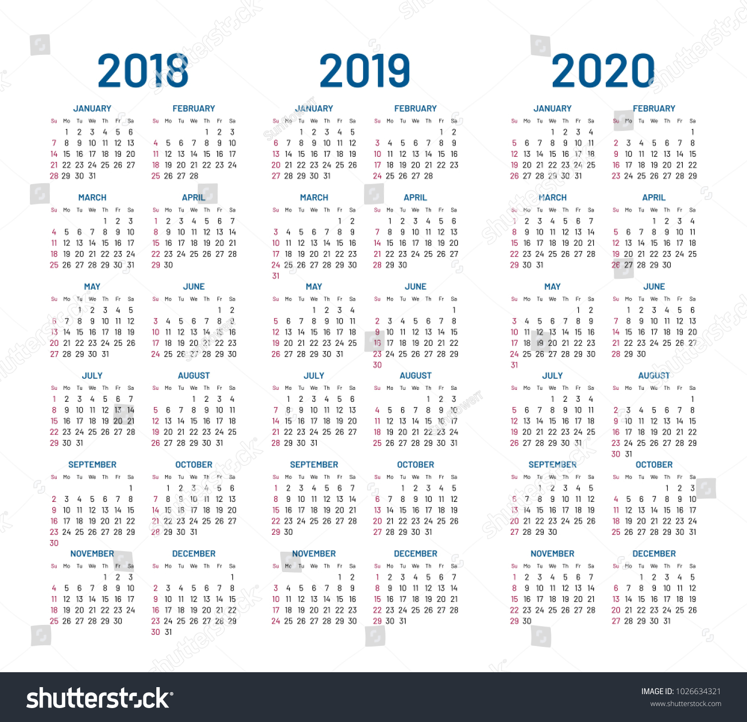 Year 2018 2019 2020 Calendar Design Stock Illustration 1026634321 ...