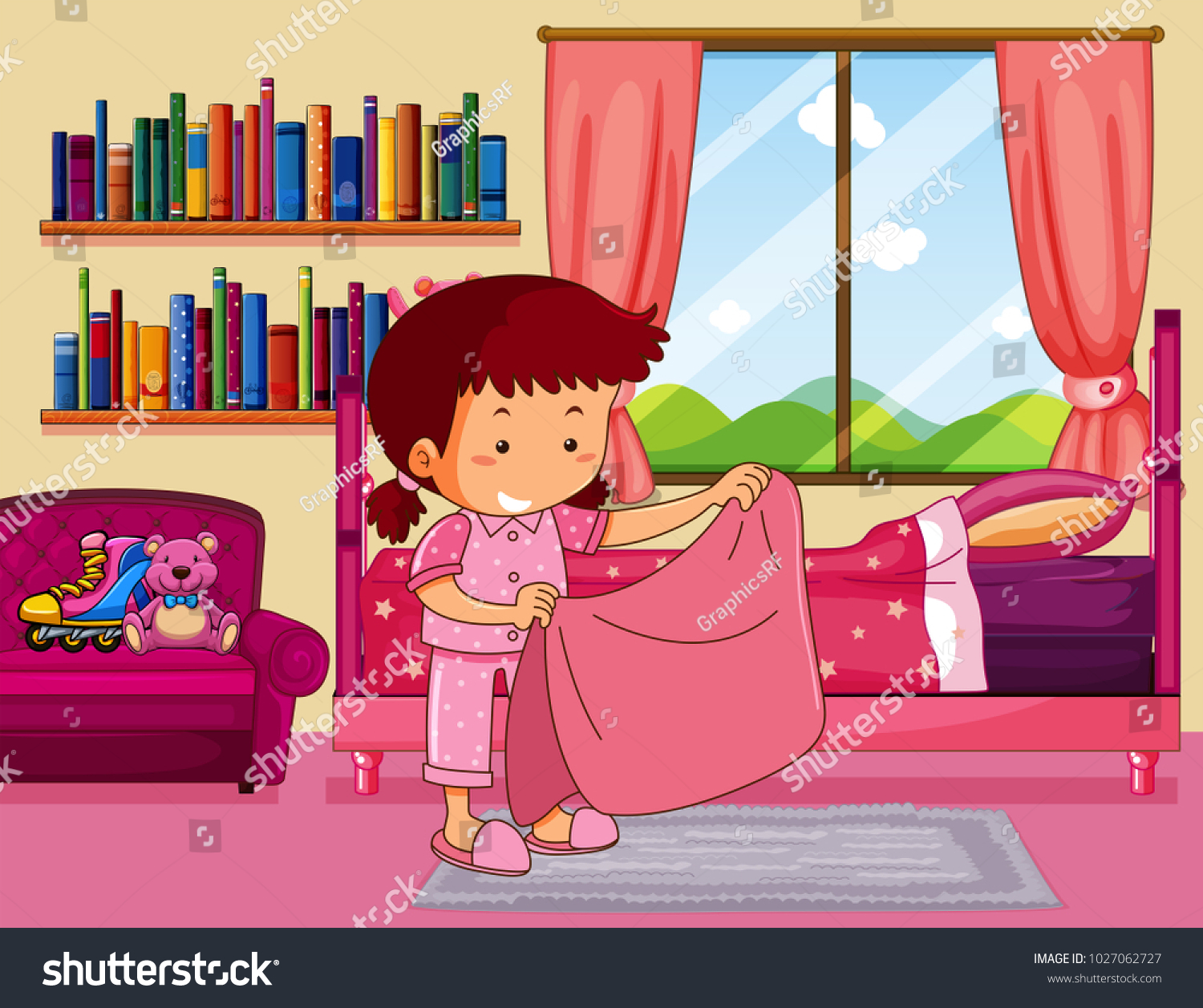 Girl Making Bed Bedroom Illustration Stock Vector (Royalty Free ...