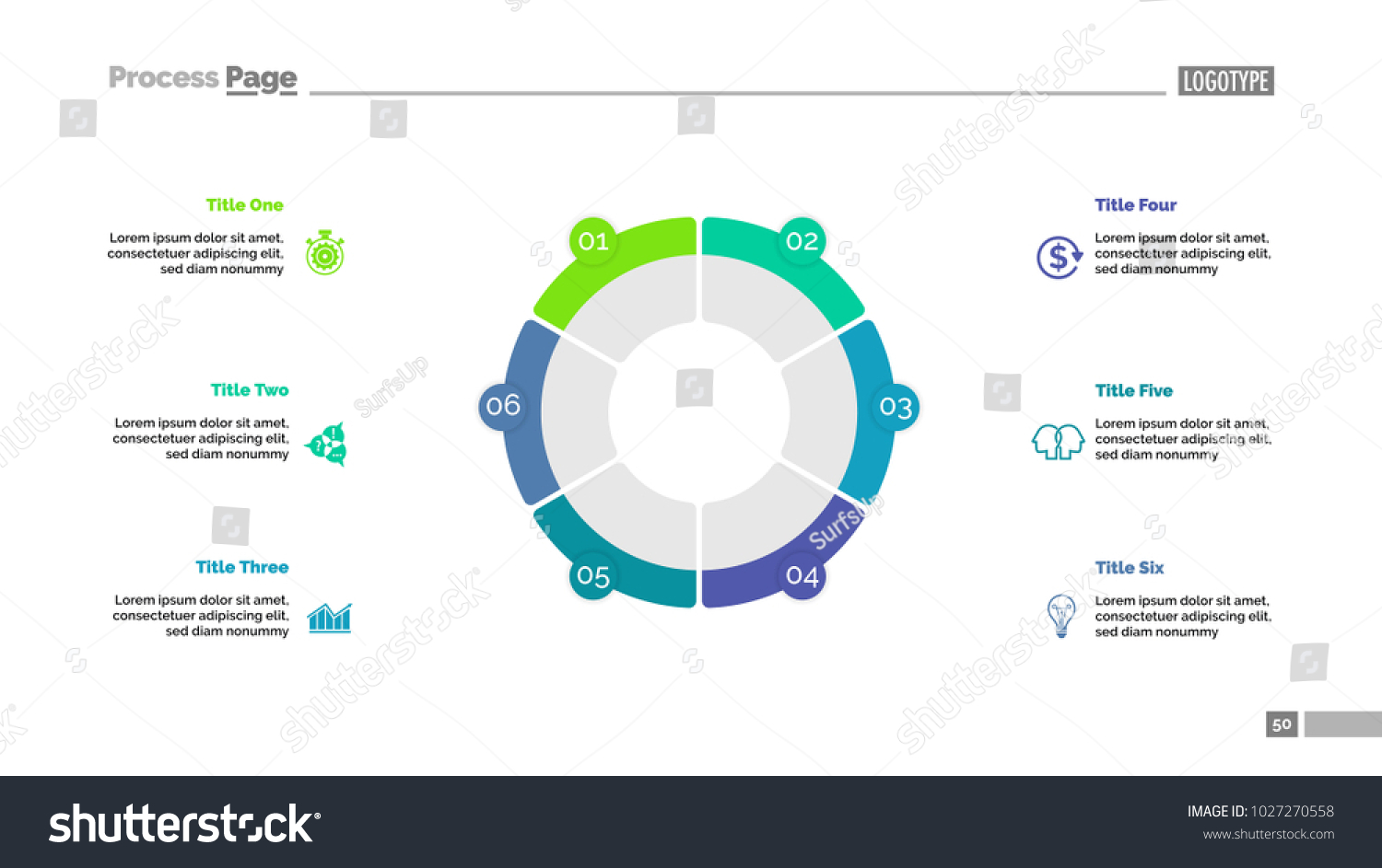 Donut Chart Six Parts Slide Template Stock Vector (Royalty Free ...