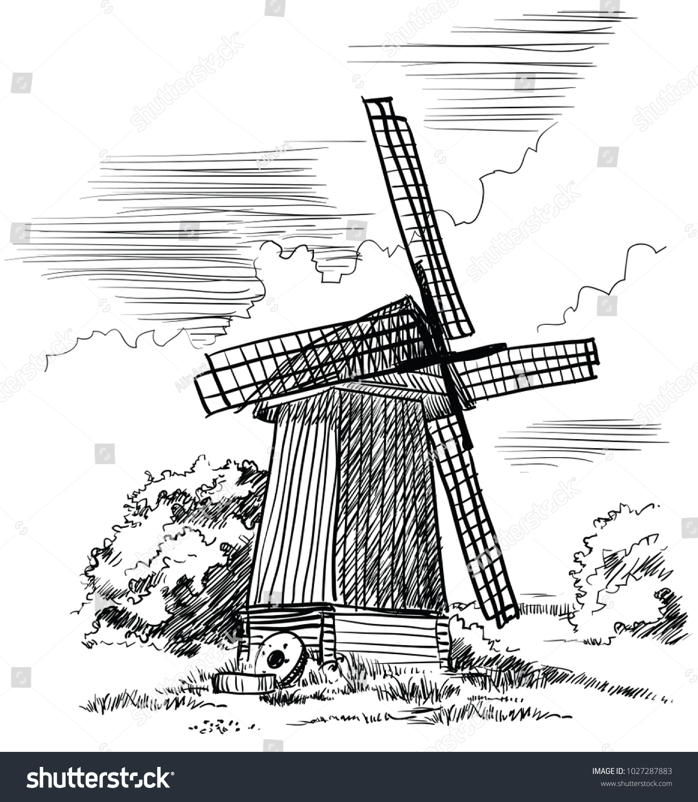 Windmill Isolated Hand Drawing Vector Illustration Stock Vector ...