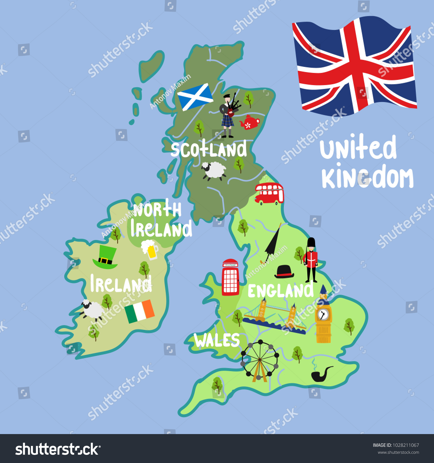 Vector Cartoon United Kingdom Map National 1028211067   Stock Vector Vector Cartoon United Kingdom Map With National Symbols Marching Beefeater British Phone Booth 1028211067 