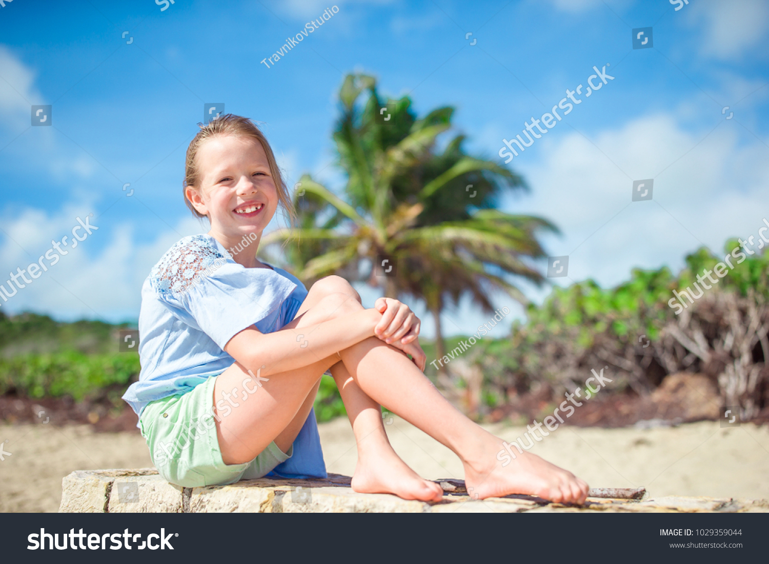 Adorable Active Little Girl Beach During Stock Photo 1029359044 ...