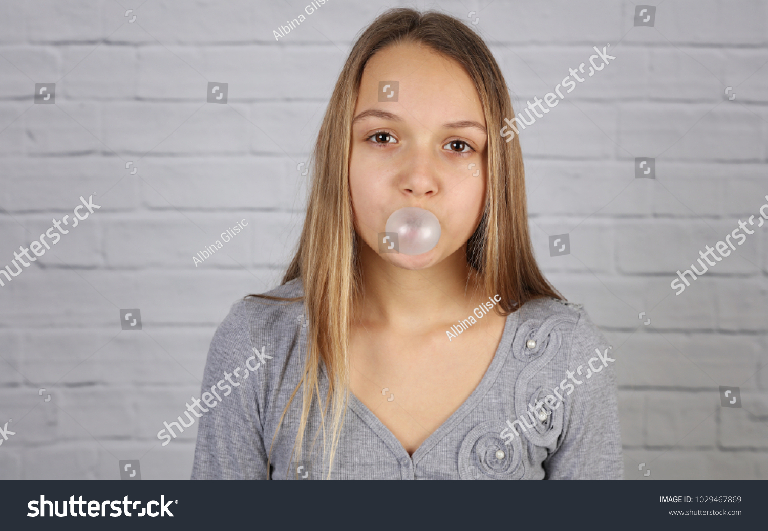 Portrait Teenage Girl Blowing Balloon Chewing Stock Photo 1029467869 ...