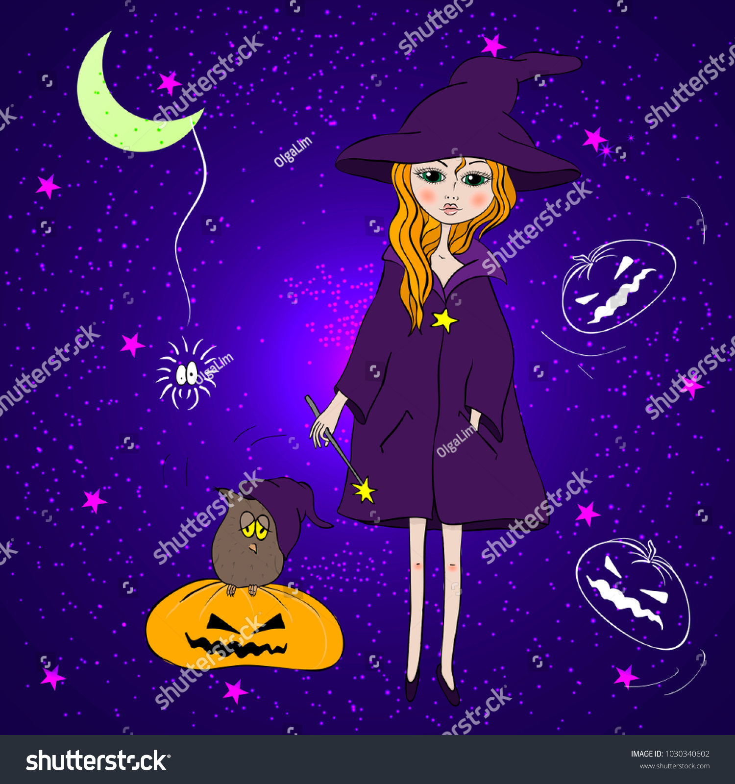 Cute Fashion Cartoon Witch Owl Halloween Stock Vector (Royalty Free ...