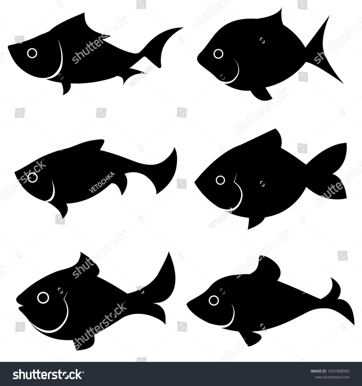 Set Black Silhouettes Fish Different Shapes Stock Vector Royalty Free