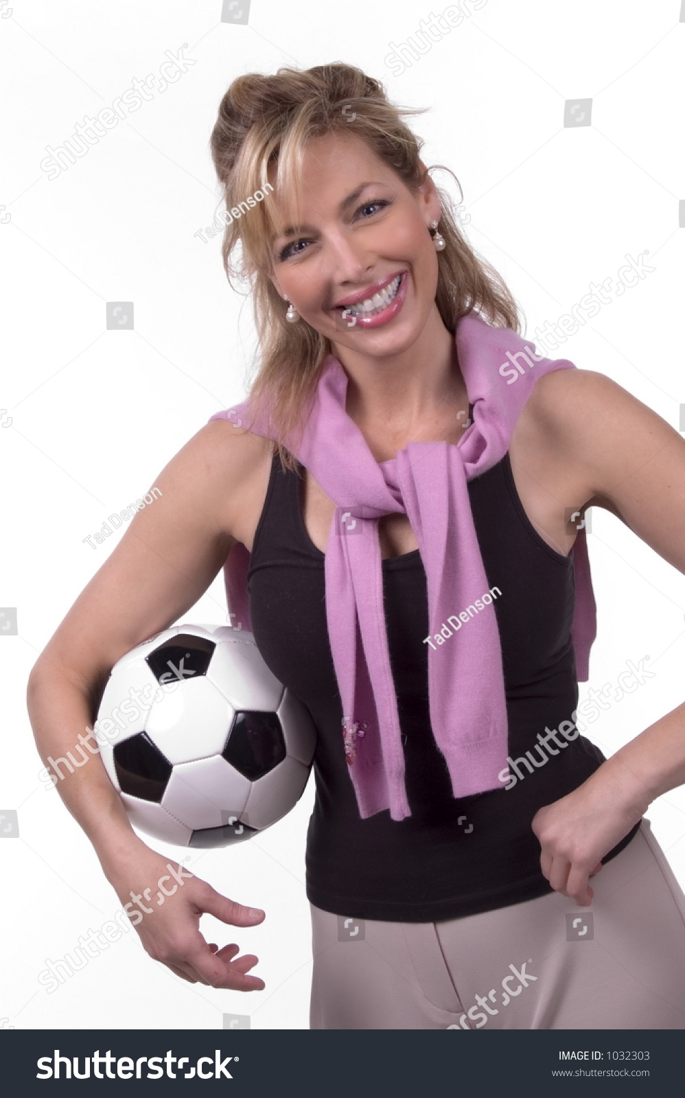 Стоковая фотография 1032303: 30s 40s Woman Smiling Soccer Ball Shutterstock...