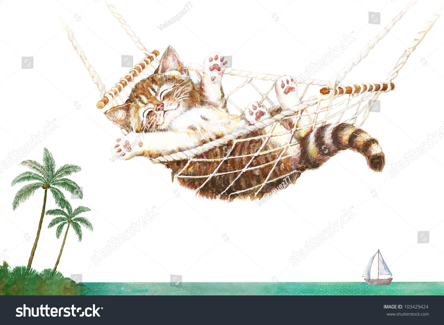 Кот в гамаке на море