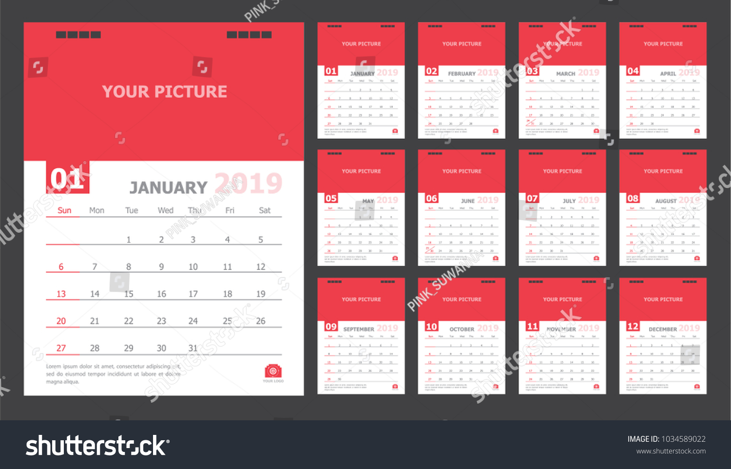 Calendar 2019 Red Background Stock Vector (Royalty Free) 1034589022 ...