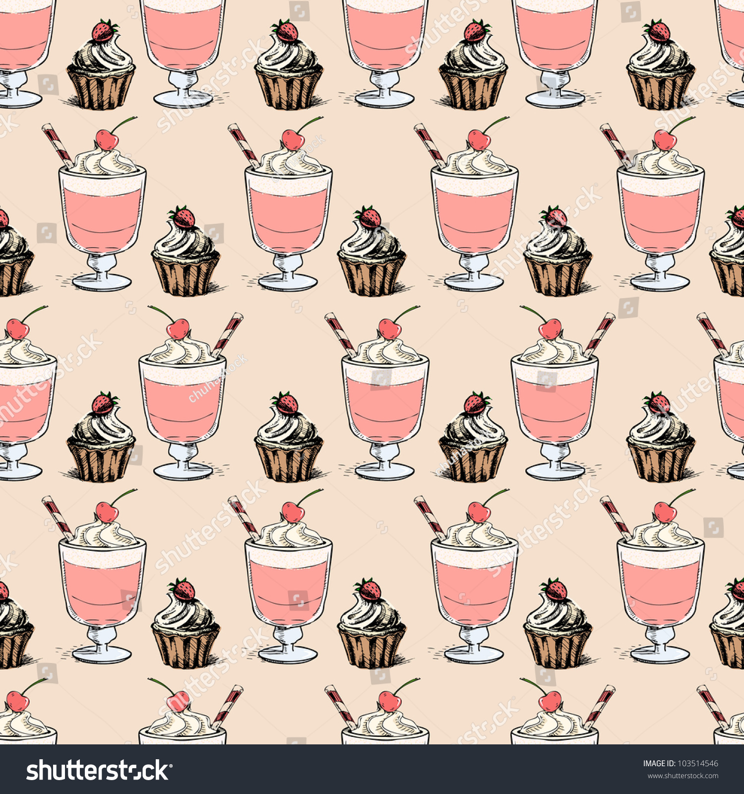 Sweet Cupcakes Milkshakes Background Seamless Sketch Stock Vector Royalty Free 103514546 