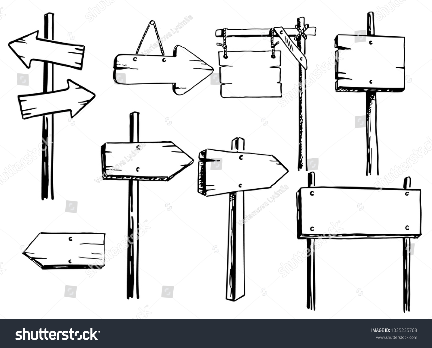 Hand Drawn Wooden Road Signs Pointing Stock Vector (Royalty Free ...