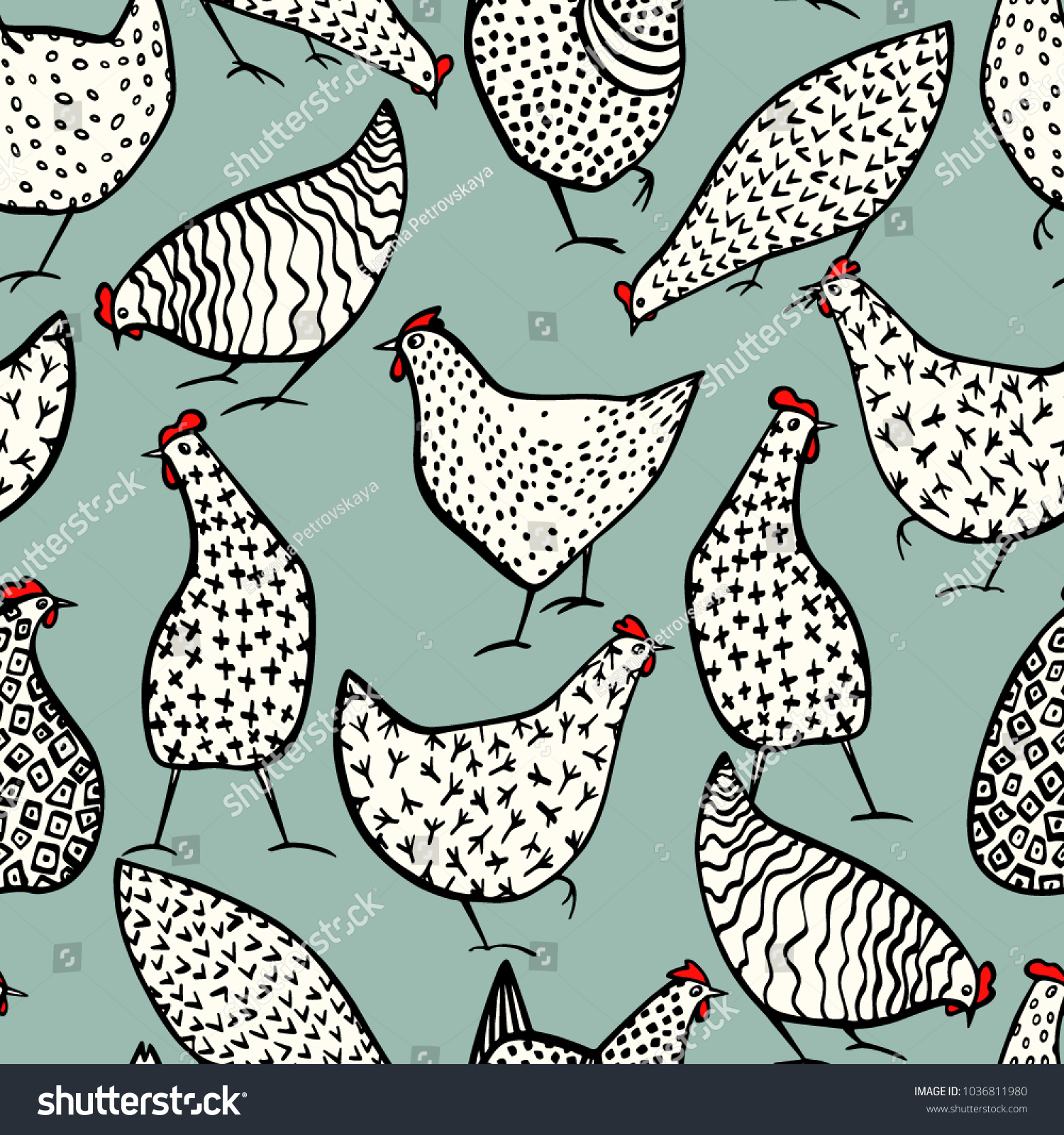 Vector Seamless Pattern Hand Drawn Chickens Stock Vector (Royalty Free ...