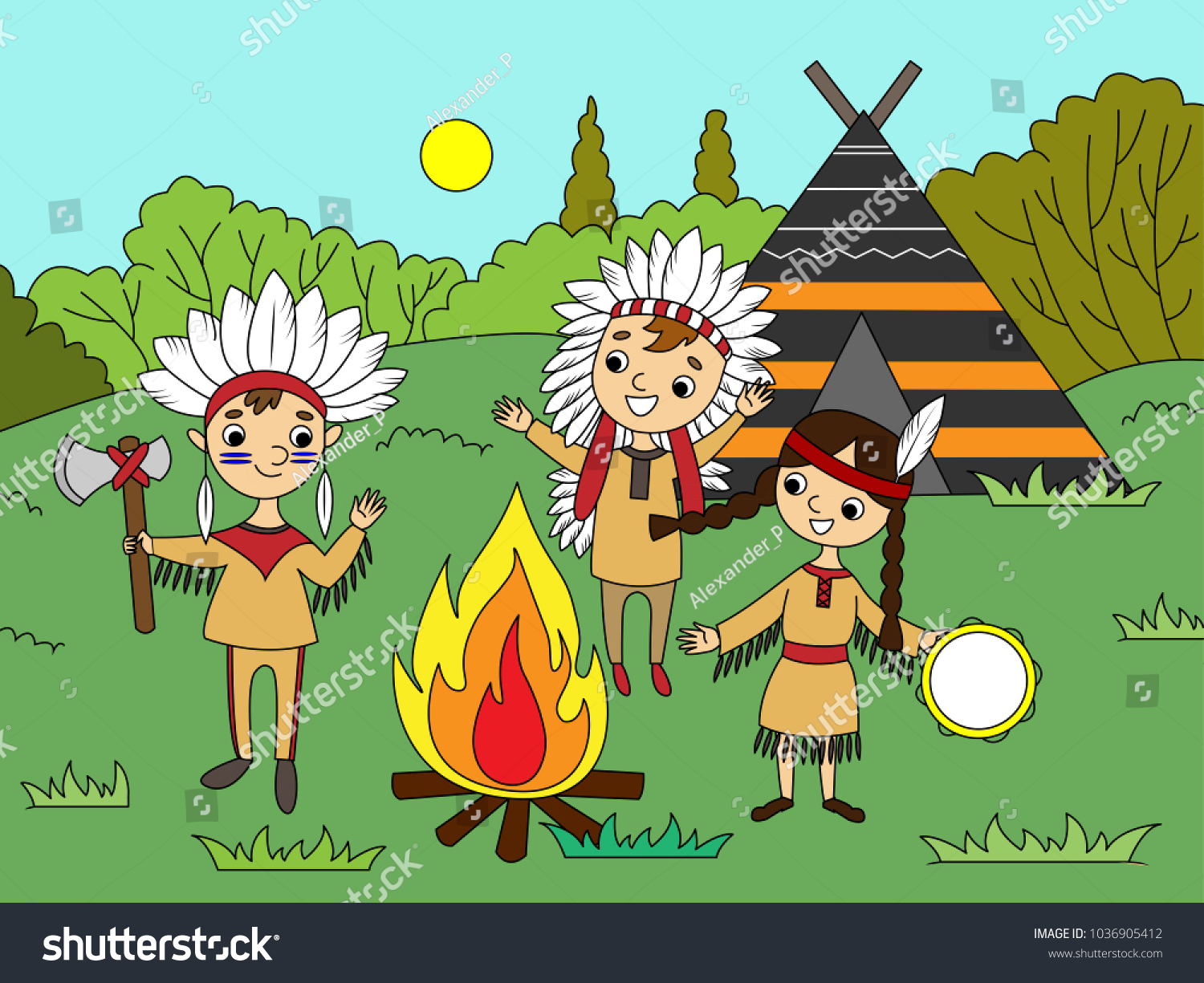 Cartoon Children Play Indians Coloring Raster Stock Illustration ...