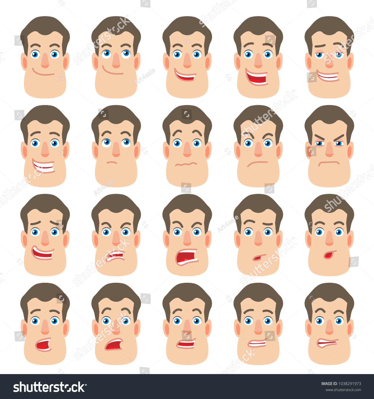 Cartoon Man Different Facial Expressions Emotional Stock Illustration ...