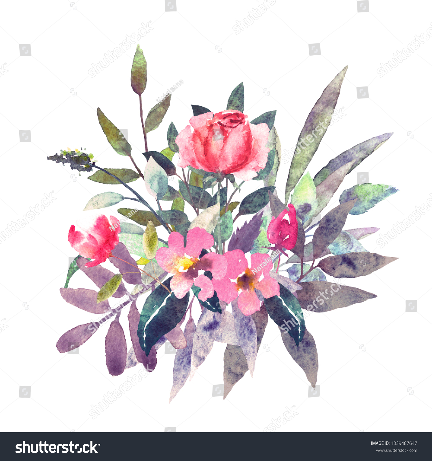 Watercolor Flowers Leaves Floral Bouquet Isolated Stock Illustration ...