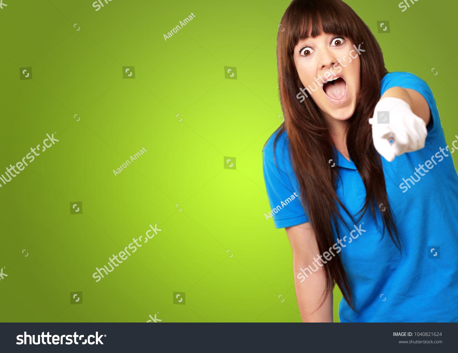Woman Screaming Pointing Finger Isolated On Stock Photo 1040821624