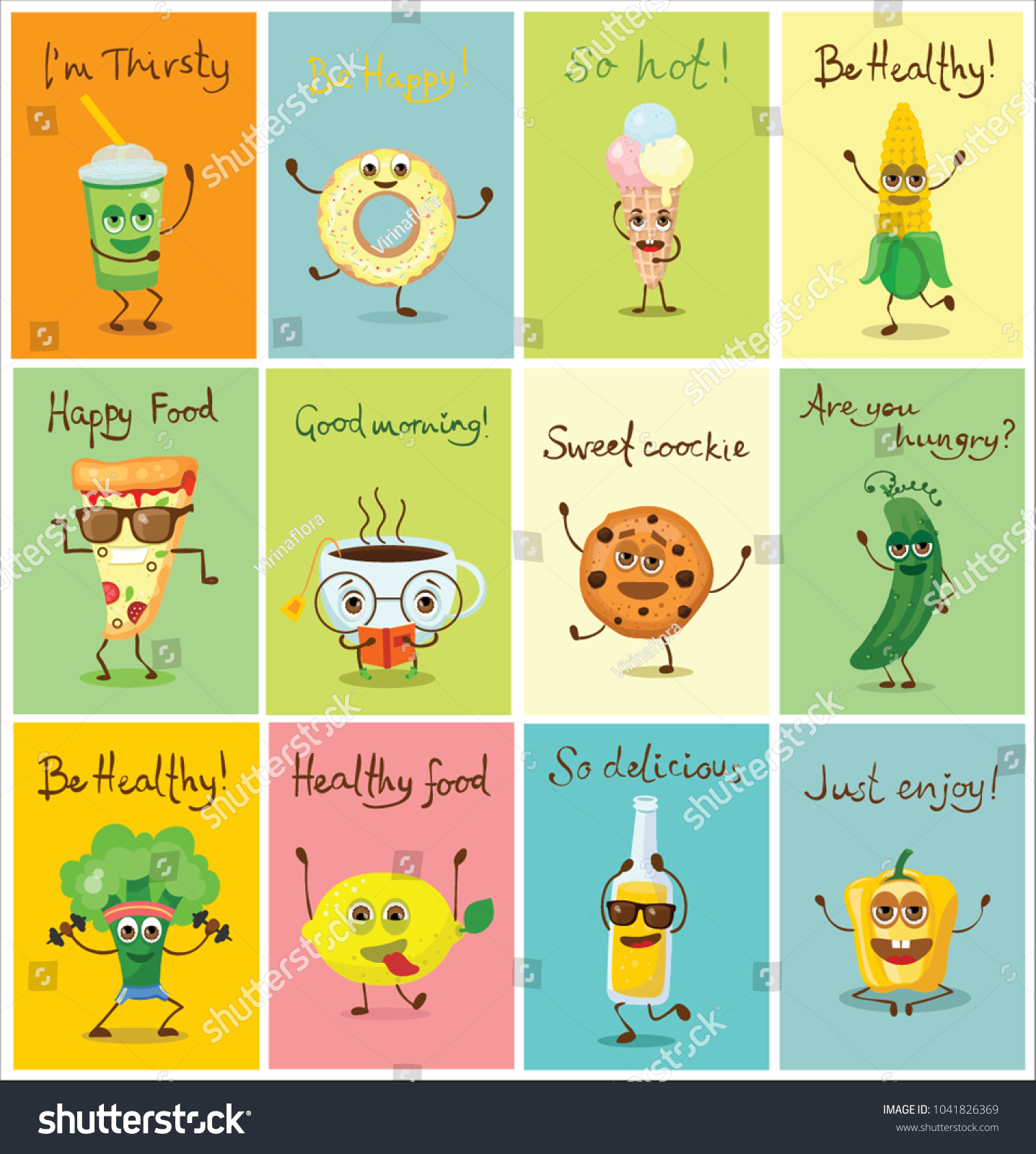 Set Cartoon Cards Funny Food Characters Stock Vector (Royalty Free ...