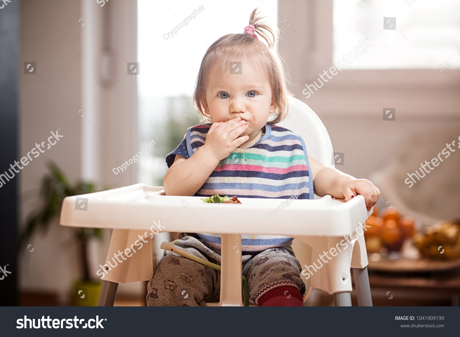 Little Caucasian Baby Girl Eating Vegetables Stock Photo 1041909190 ...