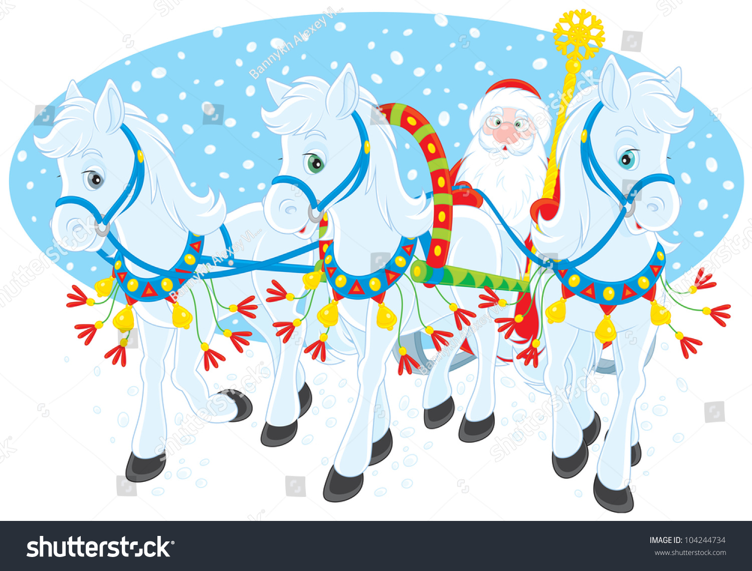 Новогодняя тройка лошадей с дедом Морозом