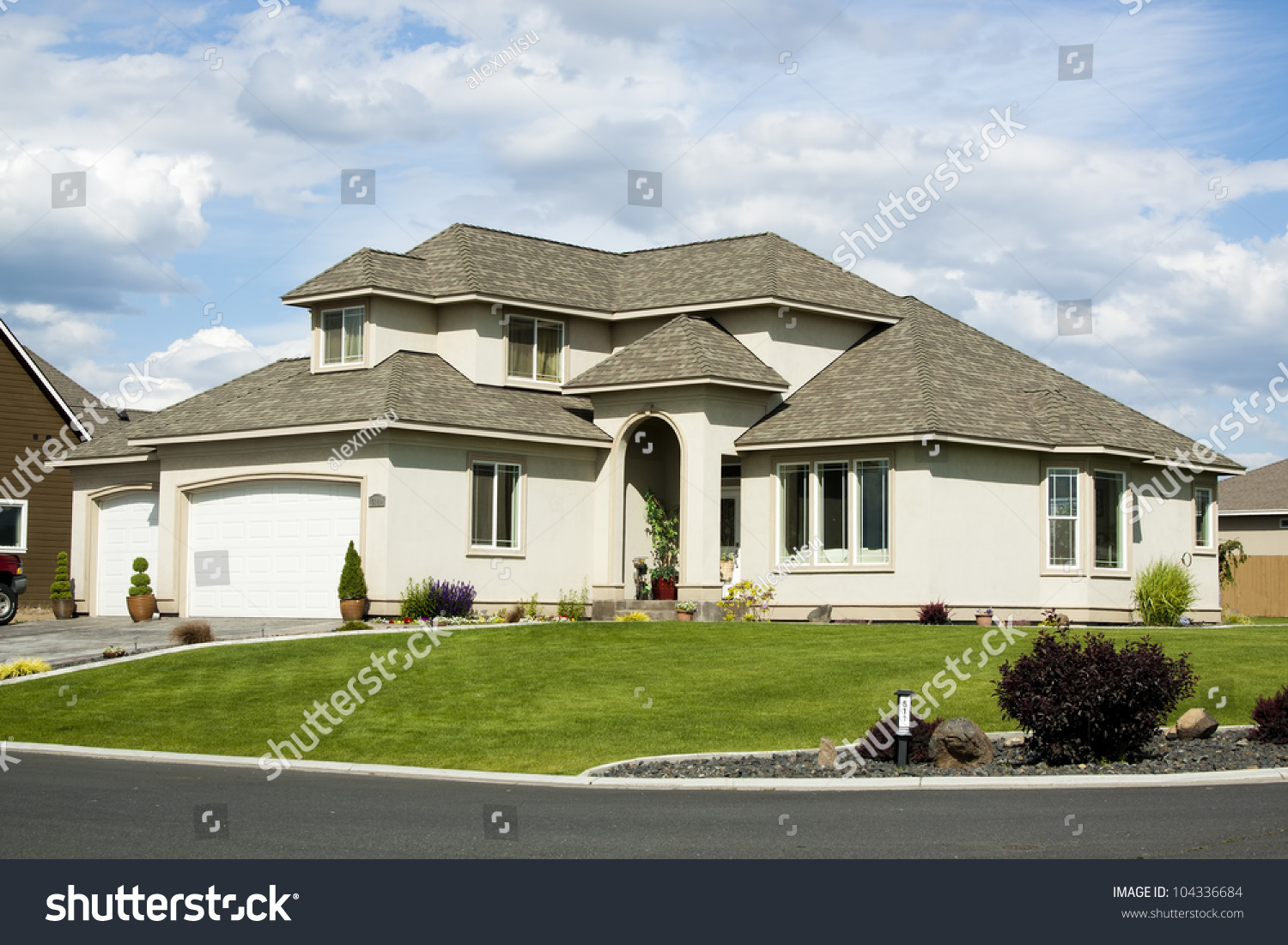 New Beautiful Suburban Luxury House Sunny Stock Photo 104336684