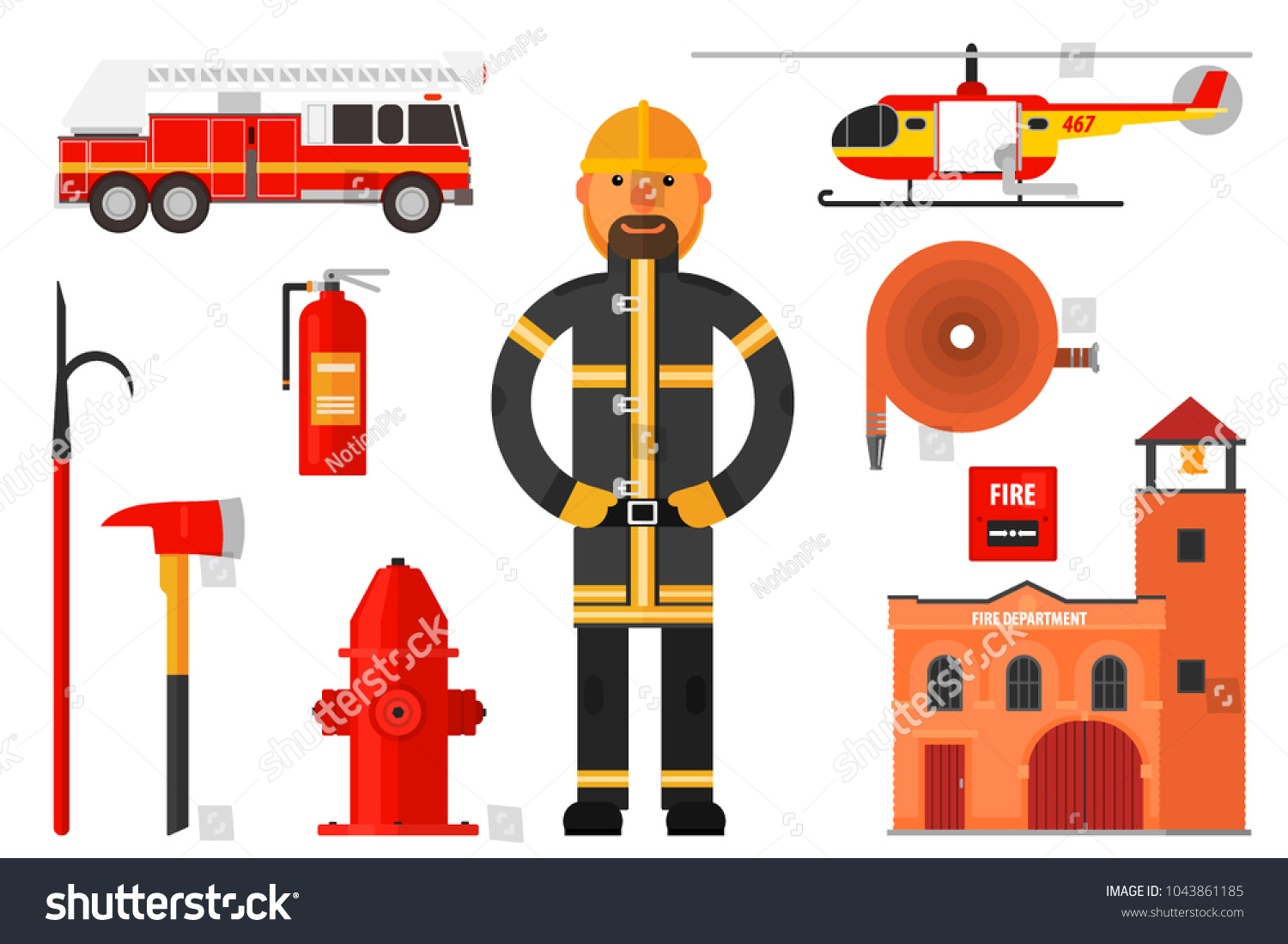 Set Firefighter Elements Fireman Uniform Helicopter Stock Vector ...