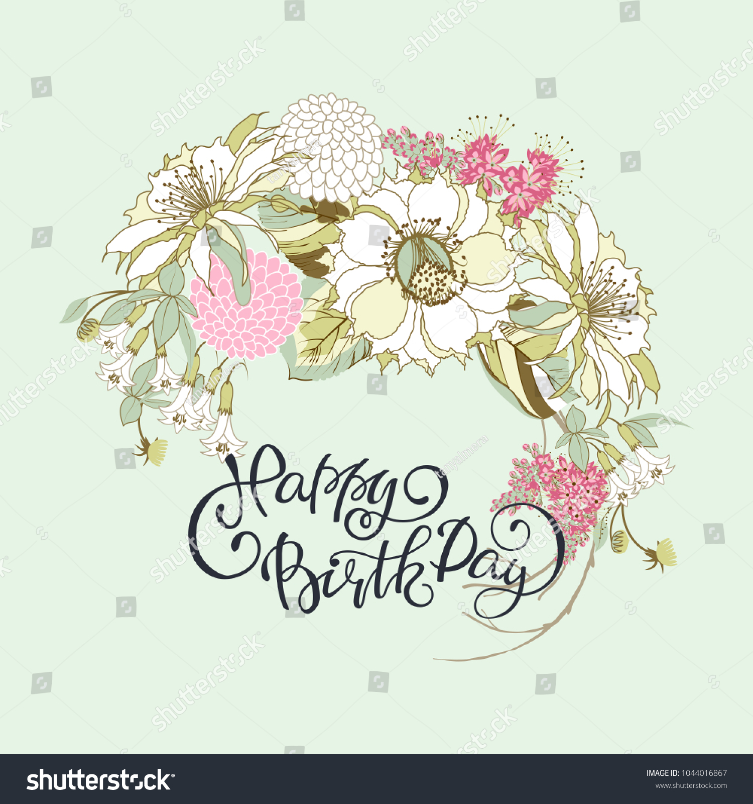 Happy Birthday Exotic Flowers Images Lettering Happy Birthday On Vintage Card Stock Vector (Royalty Free)  1044016867 | Shutterstock