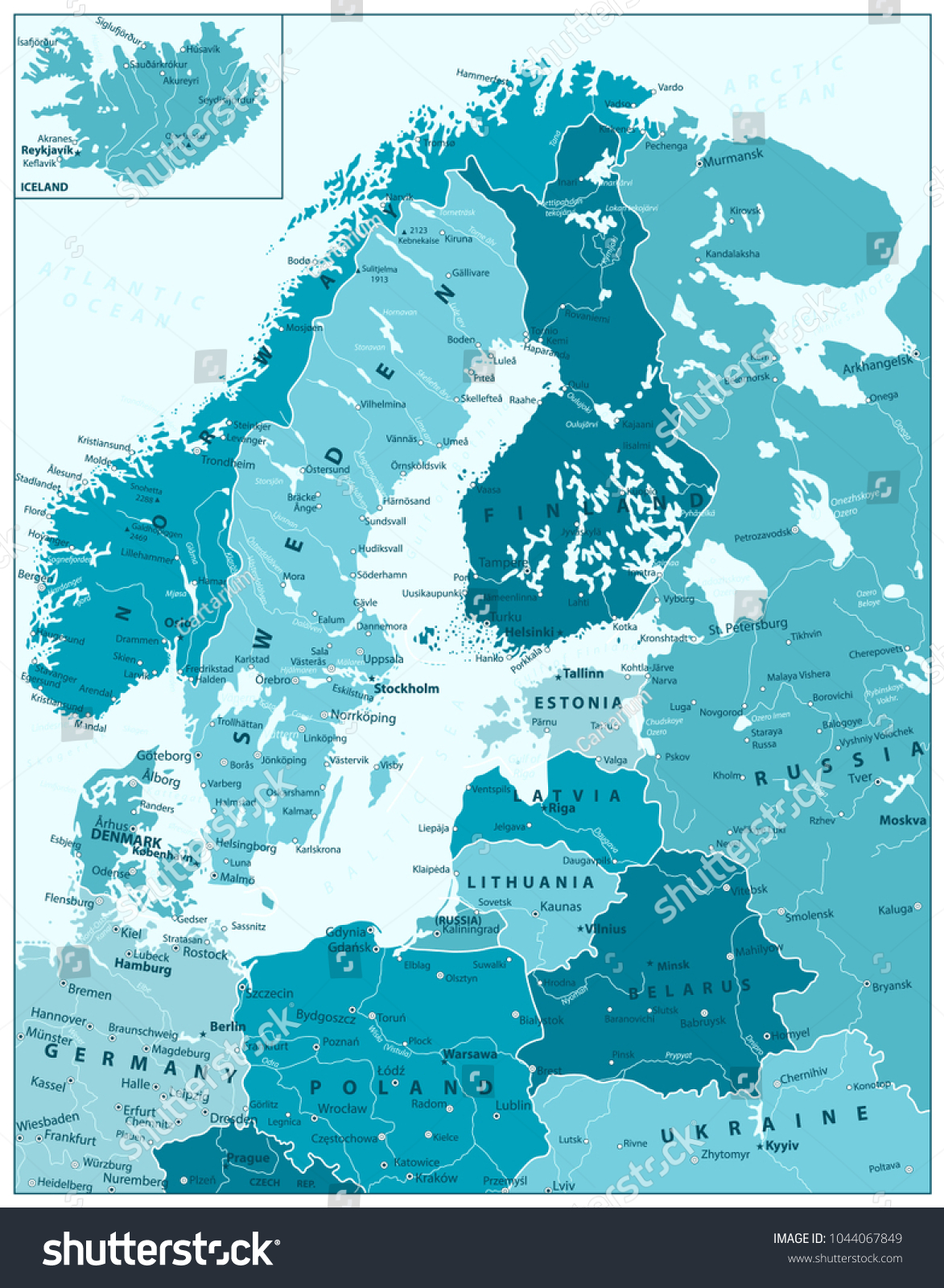 Northern Europe Political Map Aqua Blue Stock Vector Royalty Free Stock Vector Northern Europe Political Map In Aqua Blue Colors Highly Detailed Vector Illustration 1044067849